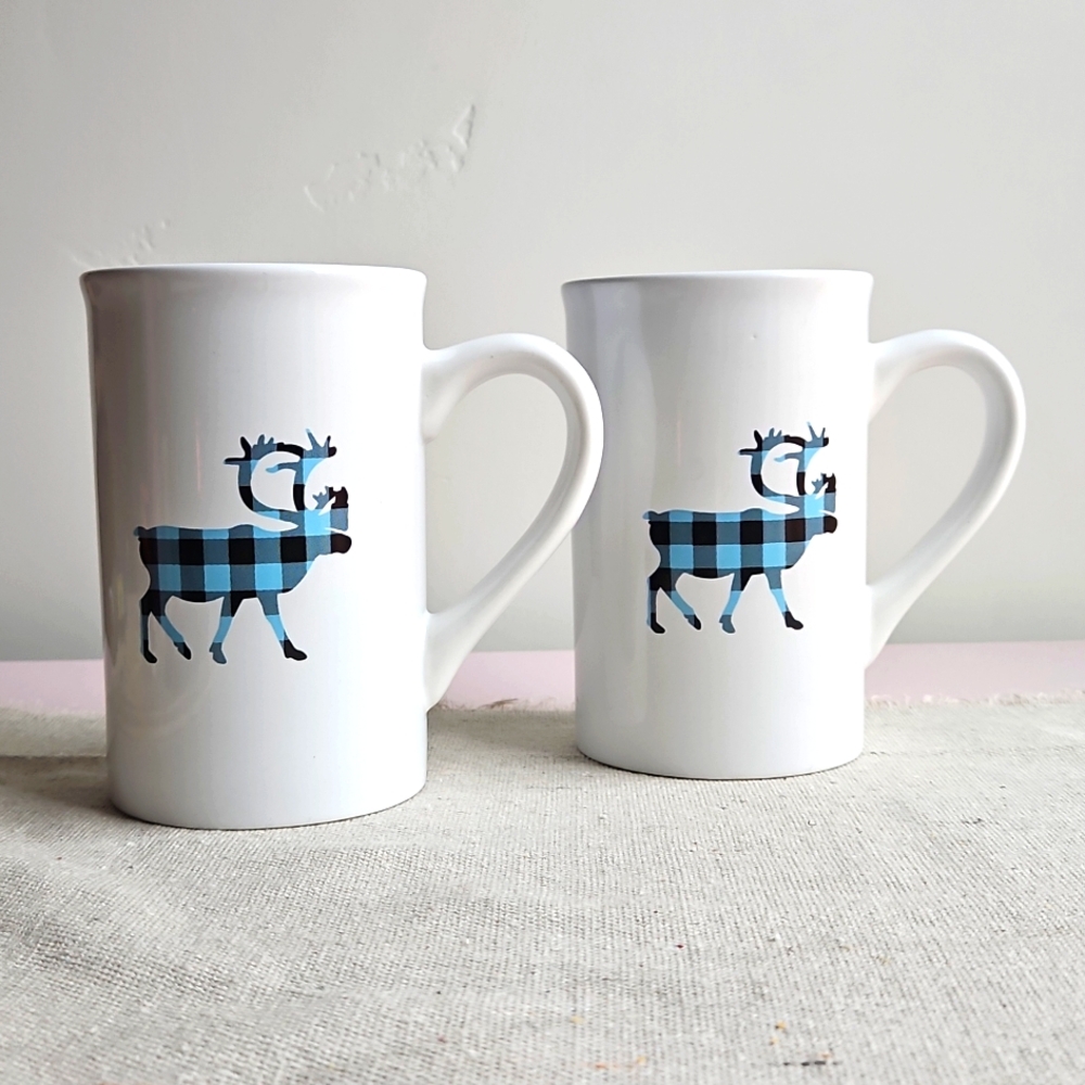 Caribou Coffee Blue Buffalo Plaid Logo Coffee Mug, Set of 2